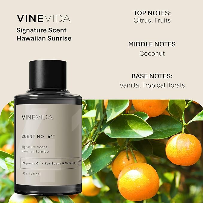 VINEVIDA [4oz] Hawaiian Sunrise Fragrance Oil for Candle Making Scents for Soap Making, Perfume Oils, Soy Candles, Home Scent Reed Diffuser, Incense Stick, Body Lotion Room Spray, Car Slime Freshies