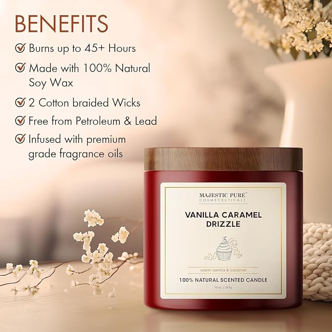 Majestic Pure Vanilla Caramel Scented Candle with Upto 45+ Hrs Burn Time, 2-Wick Candle, Soy Wax Blend for Cleaner Consistent Burn, 10 oz Jar Candle with Room Filling Fragrance, Drizzle