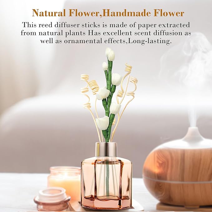 Reed Diffuser Sticks,Reed Diffuser Sticks Flowers,Reed Diffusers for Home,Bathroom Diffuser,Diffuser Set with Sticks,Natural Flower,White/Green