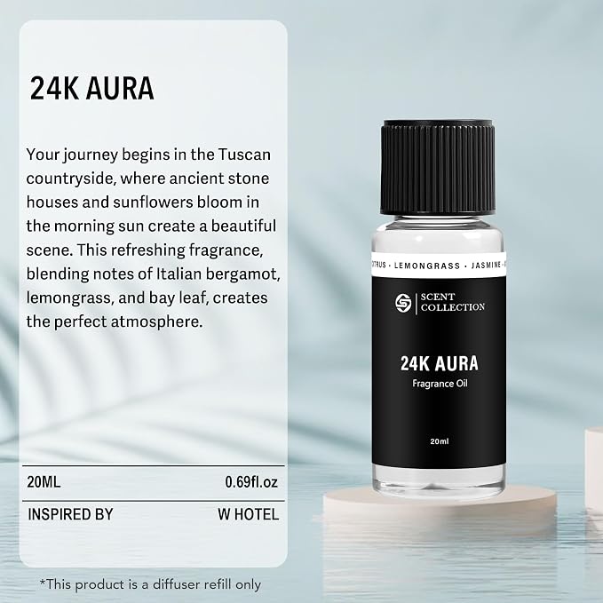 Luxury Hotel Scent 24K Aura Diffuser Oil Waterless Essential Aromatherapy for Cold Air & Car Diffusers – Long Lasting Refill for Large Room & Home - Signature Lemongrass (20ml/0.68Fl oz)