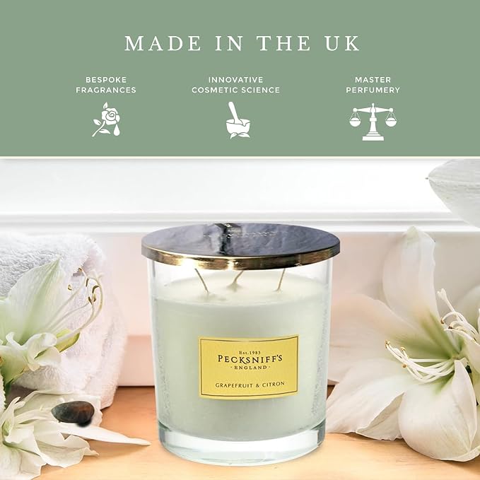 Pecksniffs Classic White Scented 3 Wick Candle | Grapefruit & Citron | Elegant Glass Vessel with Metal Lid Luxury Candles Grapefruit and Citron | 550g/19.4oz