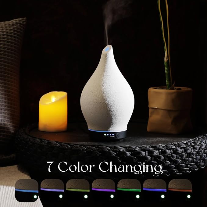 Porseme 150ml Essential Oil Diffuser Ceramic Color Changing Aroma Air Diffusers Aromatherapy Ultrasonic Cool Mist Humidifier 6 Running Hours for Sleeping Yoga Office Spa(White Ceramic, Black Base)