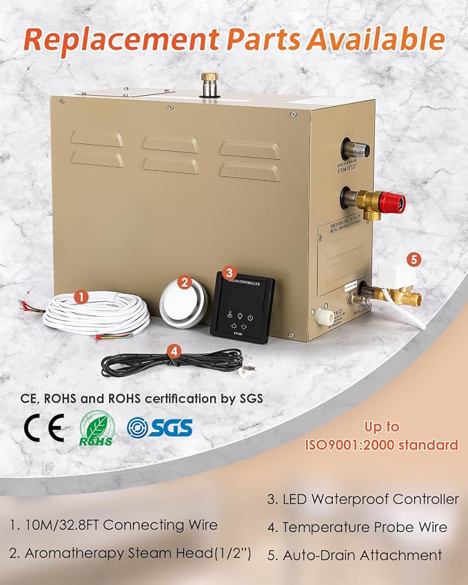 Steam Shower Generator Kit 6KW for Bath Sauna SPA, Aromatherapy Steam Head, Self-draining System, LED Controller, 212CBFT/6m³Space