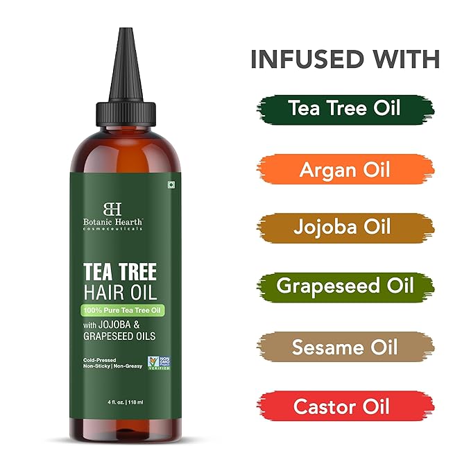 Botanic Hearth 100% Pure Tea Tree Oil For Hair Growth & Hair Treatment Oils 4 Fl oz | Infused with coconut Oil | Hair Oil Repairs Dry Damaged Hair, Strengthening, Healthier | All Hair Types