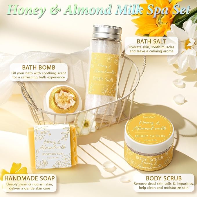 Spa Gifts for Women Bath Gift Set, Honey & Almond Milk Spa Gift Baskets Home Bath Self Care Kit Care Package Thank You Birthday Mothers Day Easter Gifts for Women Mom Her Friends Sister Teen Girl Wife