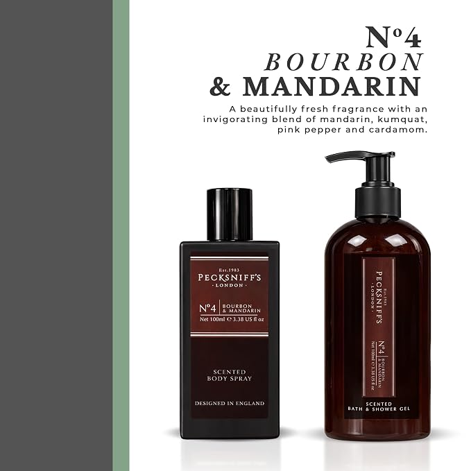 Pecksniff’s Men’s Body Duo Set – Bourbon & Mandarin Scented Bath & Shower Gel 250ml & Body Spray 100ml – Luxury Grooming Gift Set for Him