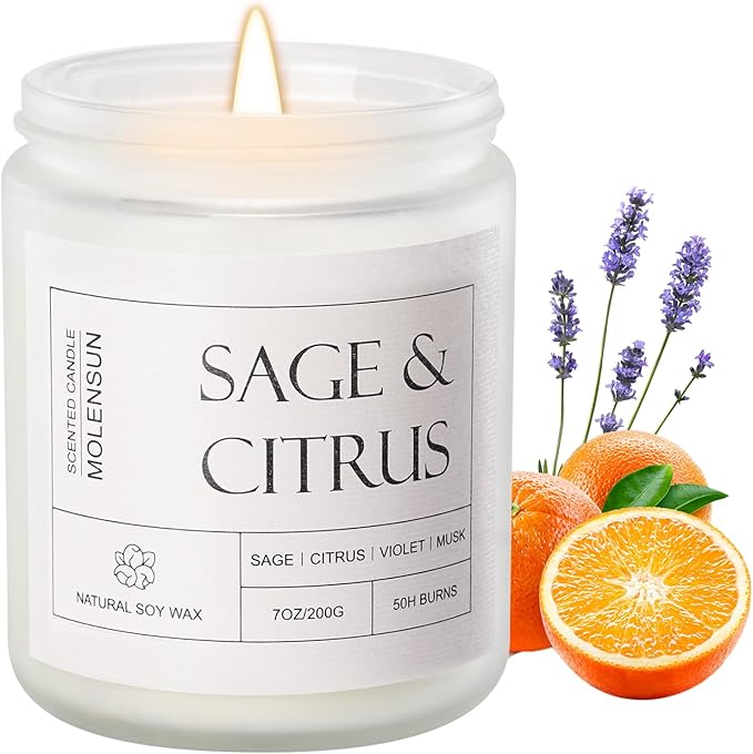 Molensun Sage & Citrus Scented Candles, Aromatherapy Jar Candle, 7 oz Long Lasting Candles, Soy Wax Candle Gift for Women