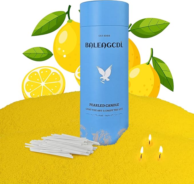 Pearled Candle – 18 oz Zesty Lemon Scented Sand Candles with 30 Wicks | Refillable Yellow Wax Long-Lasting Powder 120 Hours for Kitchen & Home Freshening Gifts