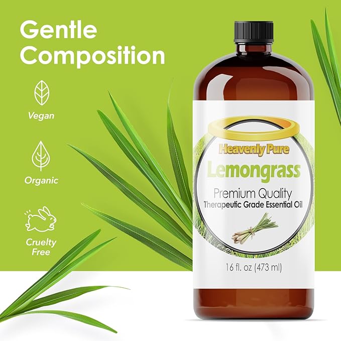 Heavenly Pure - Lemongrass Essential Oil 16 oz Large Bottle for Aromatherapy, Soaps, Candles, Diffuser, and Personal Care - 473 ml