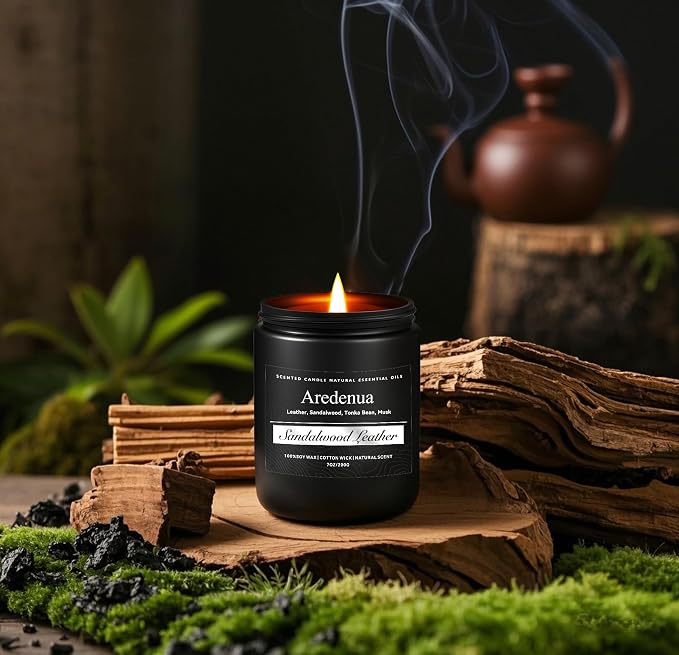 Sandalwood Leather Candle, Manly Candles for Home Scented, Masculine Aromatherapy Gifts for Men - 7oz Soy Candle, 50 Hours Burn Time, Perfect for Relaxing Home Fragrance
