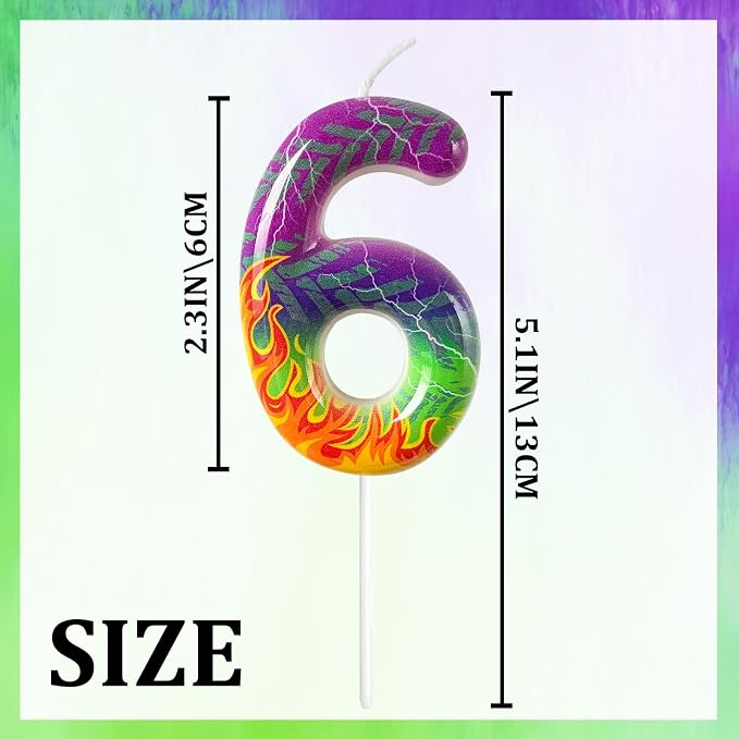 Number 6 Birthday Candle for Cake – Purple Green Flame Design with Lightning & Tire Track Pattern – Off-Road Truck Theme Cake Topper for Birthday Party Decoration