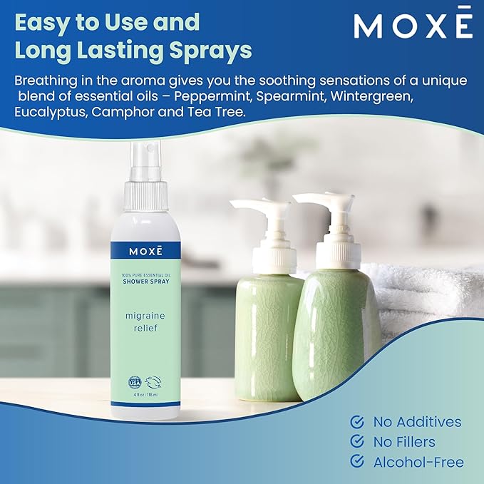 MOXE Migraine Relief Aromatherapy Shower Spray, Essential Oils for Headaches & Tension Relief, Natural 100% Essential Oils, Pure & Undiluted, Peppermint, Spearmint, Eucalyptus, Tea Tree, Made in USA