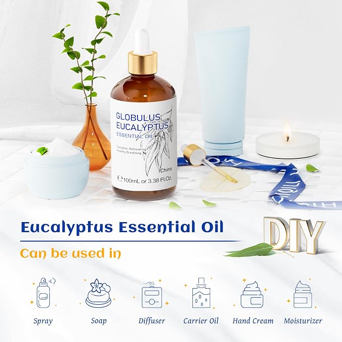 HIQILI 100ML Eucalyptus Essential Oil for Spray, Diffuser & Skin - 3.38 Fl Oz