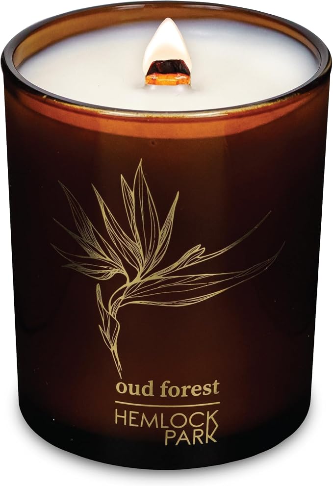 Hemlock Park Oud Forest Amber & Gold Scented Candle | Crackling Wood Wick, Botanical Fragrance & Coconut Apricot Wax | Up to 50 Hour Burn Time | 7.2 oz | Made in USA