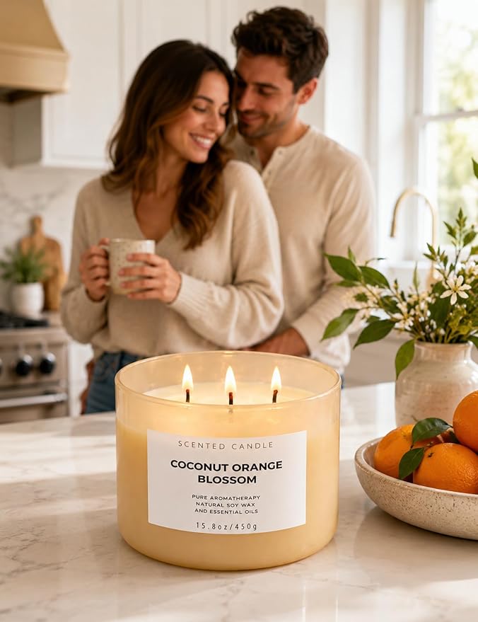 Coconut Orange Blossom Candle | 3-Wick Large Soy Candle 15.8 oz | Creamy Tropical Citrus Floral Scented Candles for Home | Strong Throw, Clean Burn Long Lasting | Aromatherapy Gift for Women