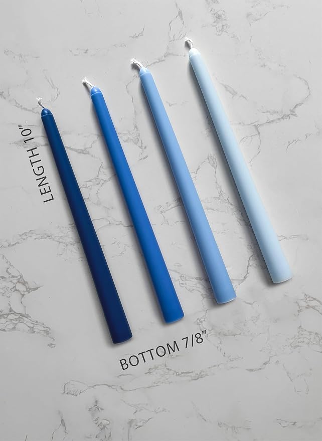 10" Classic Taper Candles, Blue Shades, 4-Pack, 7-8 Hours Long Burning, Unscented Tall Candlesticks