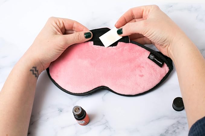 Redolence Aromatherapy Plush Sleep Mask Set w/ 2-5ml Pure Essential Oils - Lavender and Peppermint, 5 Refill Pads and Pair of Foam earplugs (Pink)