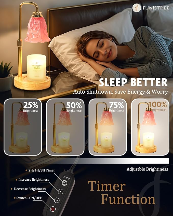 Small Candle Warmer Lamp with Timer, Adjustable Pink Flower Candle Heat Lamp, Unique Women's Gifts for Birthday, Dimmable Candles Heater, Fashion Wax Warming Light with Wood Base