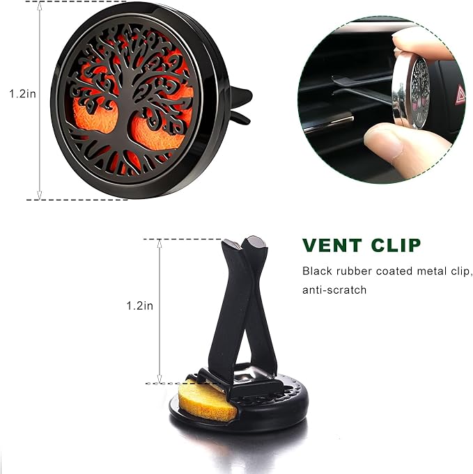 2 PCS Car Diffuser Vent Clips, Tree Pattern Essential Oil Diffuser Vent Clips with 12 Felt Pads, Stainless Steel Auto Air Fresheners Decorative Locket Clip for Women Men (Black)