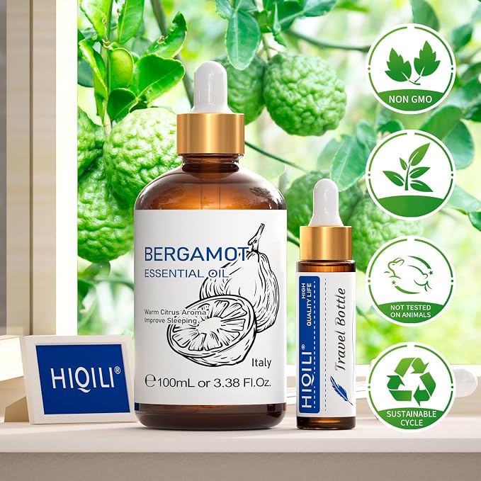 HIQILI Bergamot Essential Oil for Diffuser, Skin, Hair, DIY - 3.38 Fl Oz (100 mL)