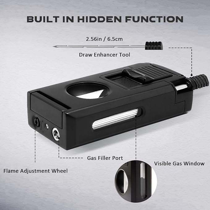 5-in-1 Dual Jet Flame Butane Torch Lighter Built-in V Cutter, Punch, Holder, Draw Enhancer Tool, Windproof Refillable Butane Lighter Gift for Men, Cool Lighters for Candle, Outdoor (No Gas)
