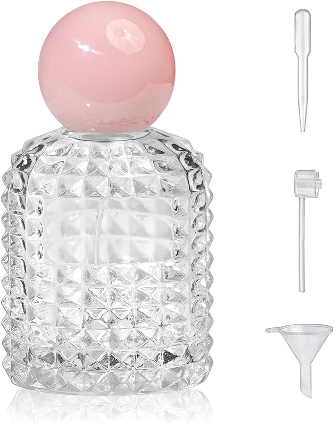 50ml/1.7 Oz Glass Spray Bottle Perfume Atomizer,Vintage Glass Perfume Travel Refillable Spray Bottle Empty with 3 Kinds of Dispenser (Pink)