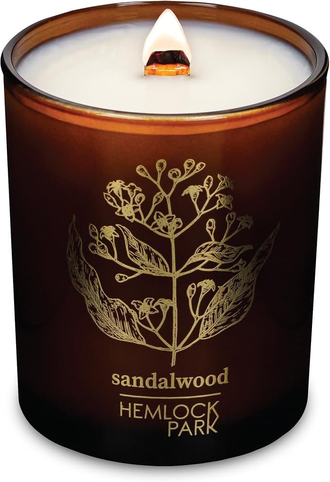Hemlock Park Sandalwood Amber & Gold Scented Candle | Crackling Wood Wick, Botanical Fragrance & Coconut Apricot Wax | Up to 50 Hour Burn Time | 7.2 oz | Made in USA