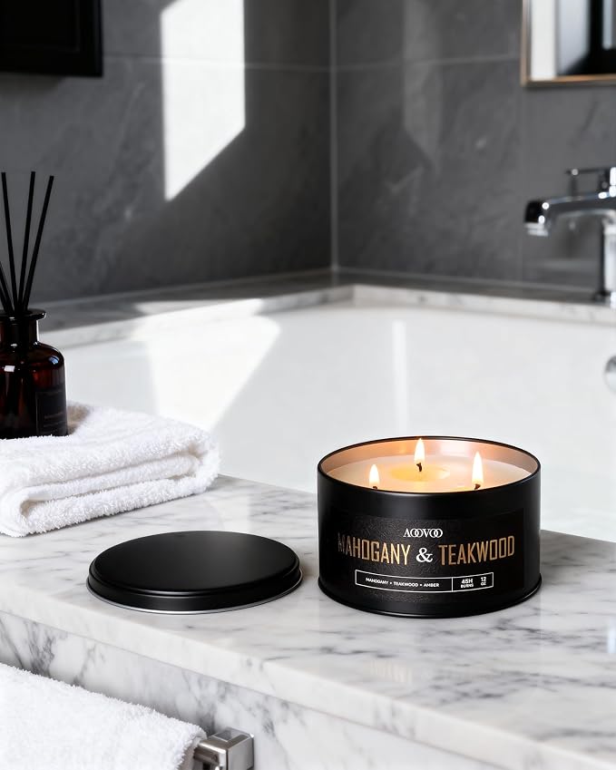 AOOVOO 2 Pack Mahogany Teakwood Candles for Men - 3 Wick 24oz Large Scented Candle, Long Lasting Soy Candles for Home Scented, Strong Fragranced Masculine Black Candle Gift for Women & Men