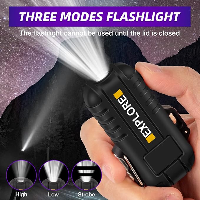LcFun Waterproof Electric Dual Arc Lighter USB Type C Rechargeable Windproof Flameless Plasma Lighters with Flashlight for Camping, Hiking, Outdoor Survival, Tactical Gear Gifts for Men