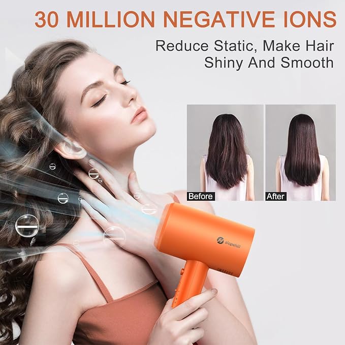 Slopehill Professional Ionic Hair Dryer, Powerful 1800W Fast Drying Low Noise Blow Dryer with 2 Concentrator Nozzle 1 Diffuser Attachments for Home Salon Travel (Cosmic Orange)