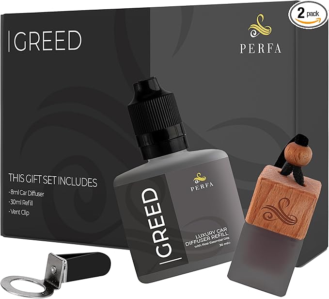 Greed Gift Set with Refill Bottle | Perfume Inspired Car Fragrances | Strong Car Freshener with Odour Eliminator Technology | Greed Automotive Freshener by Perfa