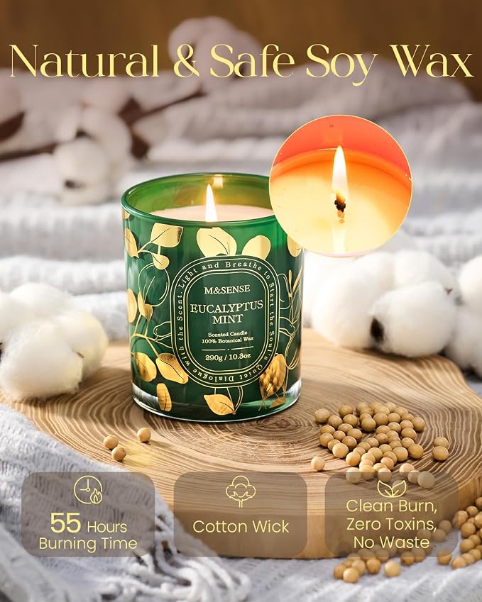 M&SENSE Eucalyptus Mint Soy Candle, Spa Breathing Long Lasting Gift | Cool Eucalyptus Spearmint Slow Burn, 55H Clean Soy Wax Cotton Wick, Bathtub Sinus Relief, Odor Exterminator, Reusable Jar