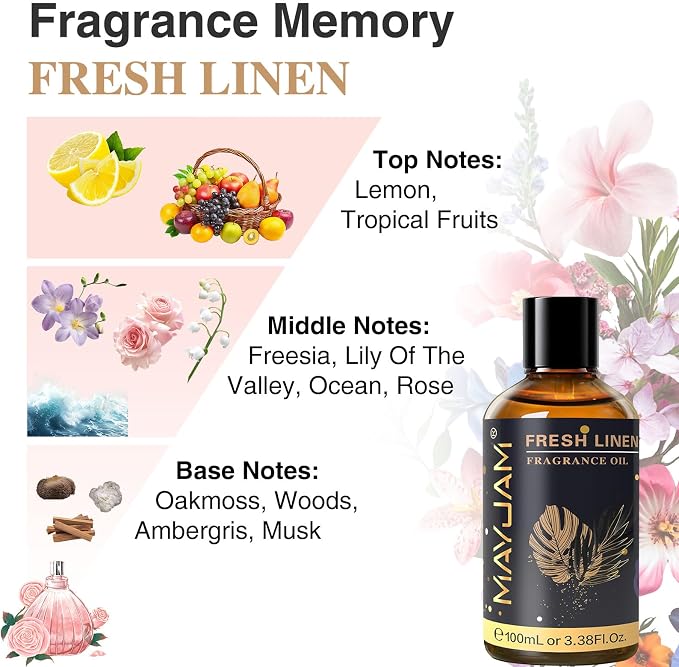 MAYJAM 100ML/3.38FL.OZ Fresh Linen Fragrance Oils with Glass Dropper, Essential Oils for Diffusers for Home, Long Lasting Scented Oils for Diffusers Soap Candle Making