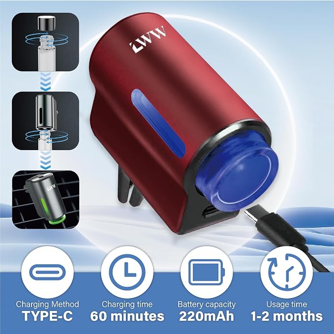 LWW Smart Car Air Freshener - 3 Levels Strength with Ventilation Clip, Rechargeable Car Fragrance Atomizer - with 8 10ml Bottles of Fragrance, Long Lasting Oil Diffuser (Red)