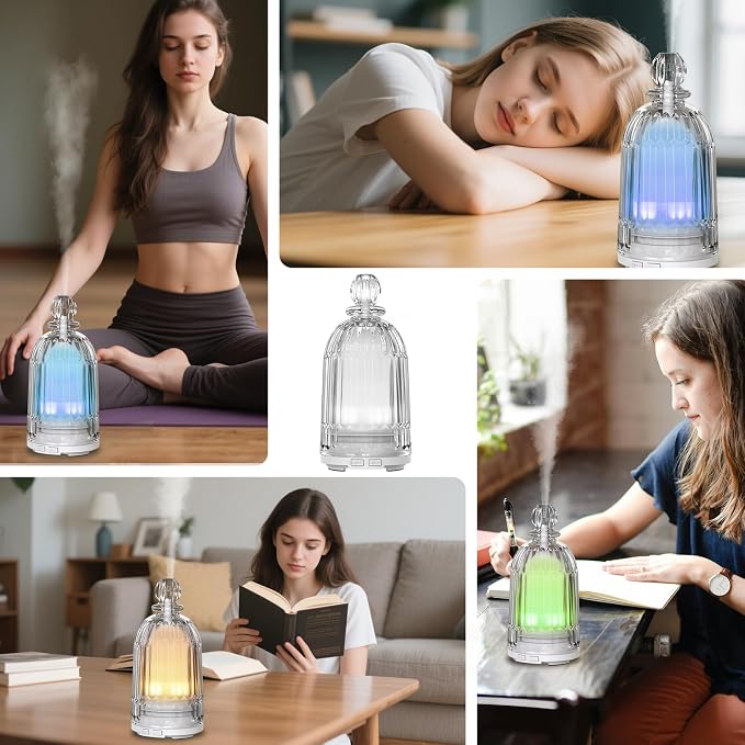 120ml Glass Essential Oil Diffuser, Ultrasonic Aroma Diffuser Glass Cover & Plastic Reservoir with Auto Shut-Off, 7 Colors LED Light for Home, Bedroom, Office, Yoga(White Base)