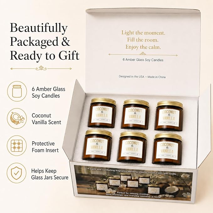 Coconut Vanilla Candles, 6 Pack Scented Candles 3.5 oz Each, 21 oz Total Soy Candles in Amber Glass Jars, Aromatherapy Candle Set for Home, Bathroom, Gifts for Women and Mom