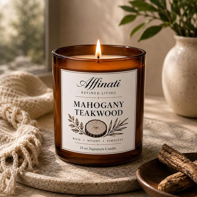 Affinati Mahogany Teakwood Signature Candle - 10 oz Luxury Soy Blend Wax Candle, Long-Lasting Home Fragrance