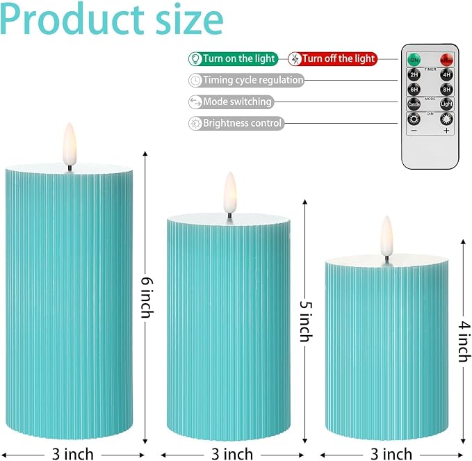 ANGELLOONG Teal Flameless Candles with Remote, Turquoise Battery Operated Candles with Timer, Set of 3 Real Wax Spring LED Fake Ribbed Pillar Candles for Bathroom Wedding Kitchen Living Room Deocr