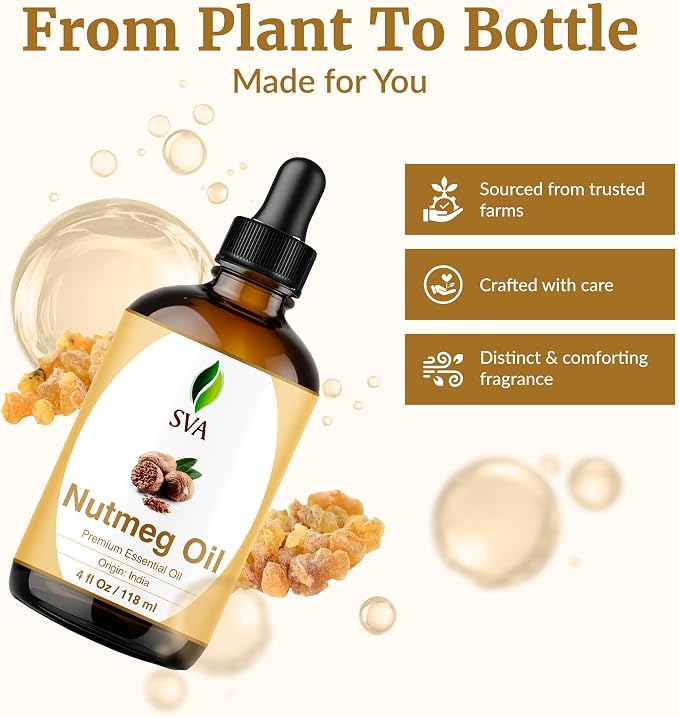 SVA Nutmeg Essential Oil – 4 Fl Oz – 100% Natural Nutmeg Oil - for Diffuser, Hair Care, Face, Skin Care, Aromatherapy, Scalp and Body Massage, Soap and Candle Making – with Dropper