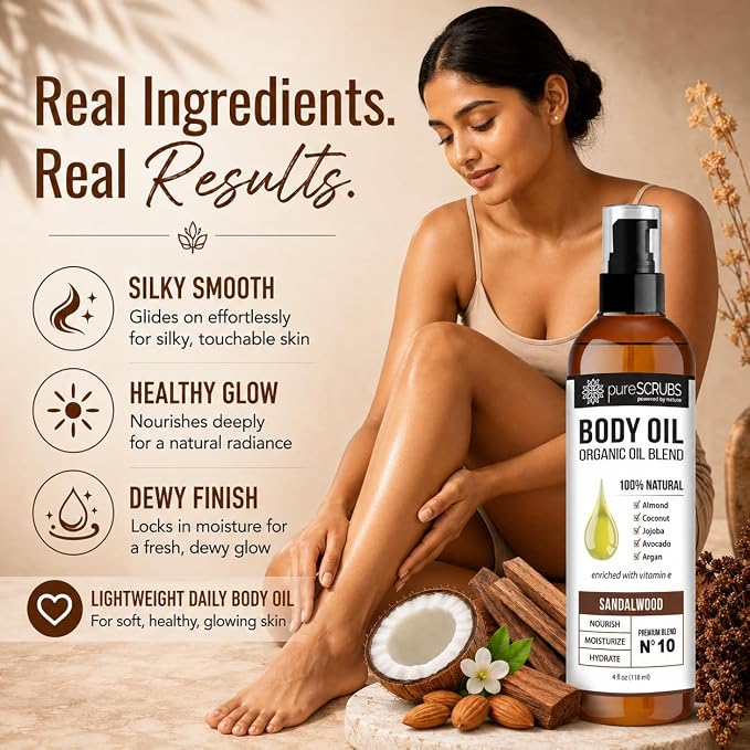 pureSCRUBS Ultra Moisturizing Sandalwood Body Oil for Dry Skin, Lightweight Full Body Moisturizer for Soft, Silky Skin, Massage & Cuticle Oil, Vitamin E Enriched, 4 oz