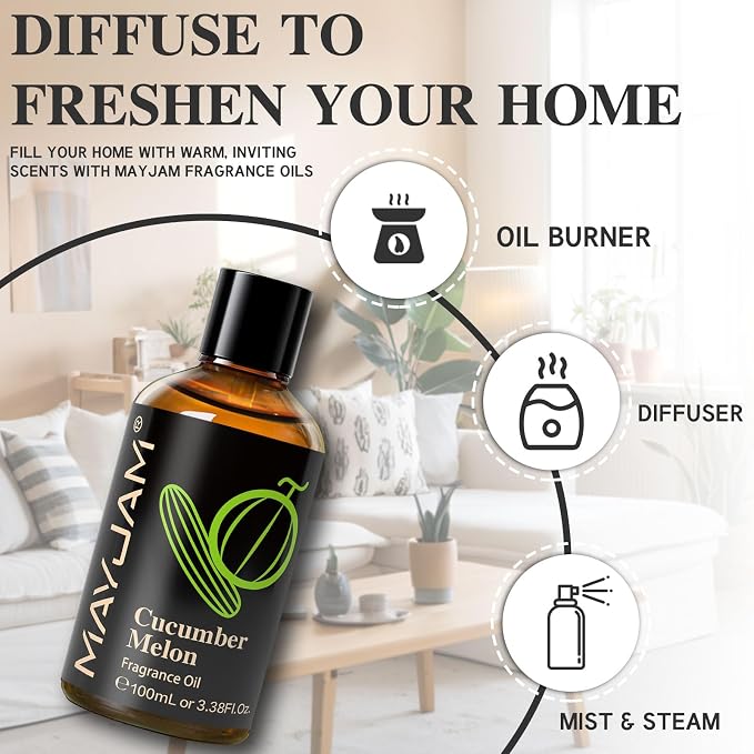 MAYJAM 100ML/3.38FL.OZ Cucumber Melon Fragrance Oils with Glass Dropper, Essential Oils for Diffusers for Home, Long Lasting Scented Oils for Diffusers Soap Candle Making