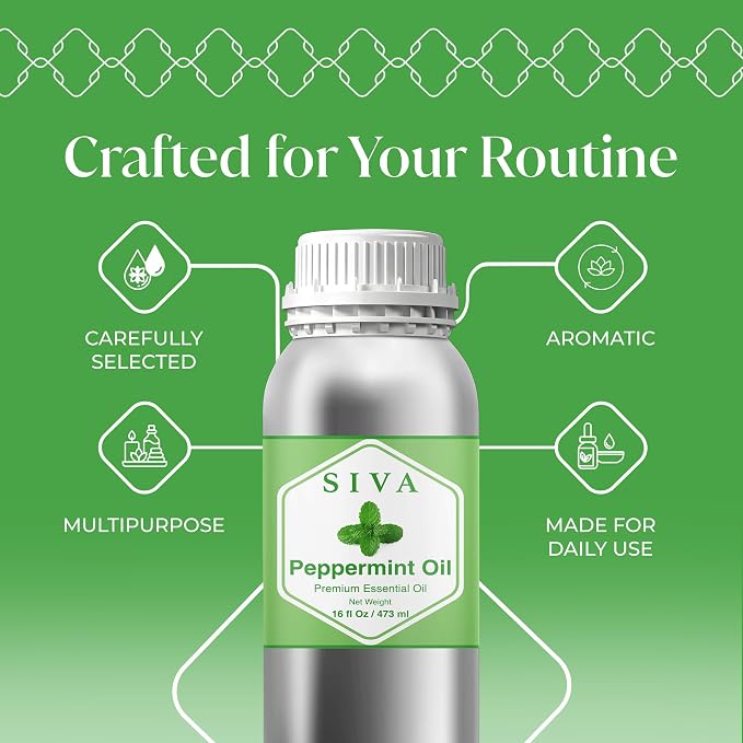 Siva Peppermint Essential Oil 16 Fl Oz – for Diffuser, Skin & Hair Care – Ideal for Aromatherapy, Massage & DIY Blends
