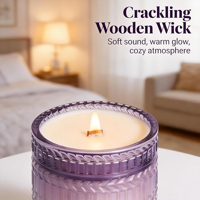 Hidden Label Lavender Scented Candle with Crackling Wooden Wick, 7.4 oz Soy Wax Jar Candle for Bedroom, Bathroom, Spa & Yoga, 55 Hour Small Candle Gift for Women