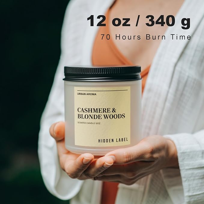 Hidden Label Cashmere Blonde Woods Soy Candle, 12oz 2-Wick, 70H Cozy | Non-Toxic Natural Wax, Paraben & Phthalate-Free, Clean Burn | Gender-Neutral Gift & Elegant Decor | Stress Relief & Grounding