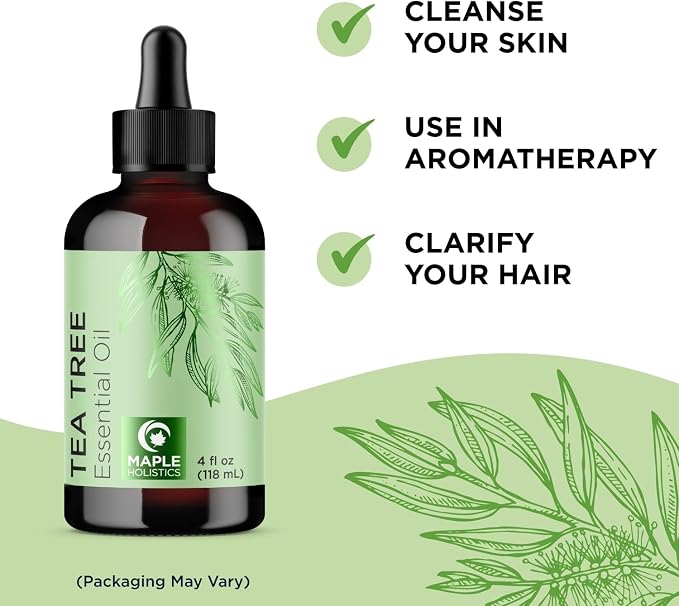 Pure Tea Tree Oil for Hair Skin and Nails - 100% Pure Undiluted Tea Tree Essential Oil with Dropper for Topical Uses Aromatherapy Diffusing and Home and Beauty DIYs - Vegan and Cruelty Free (4 Fl Oz)