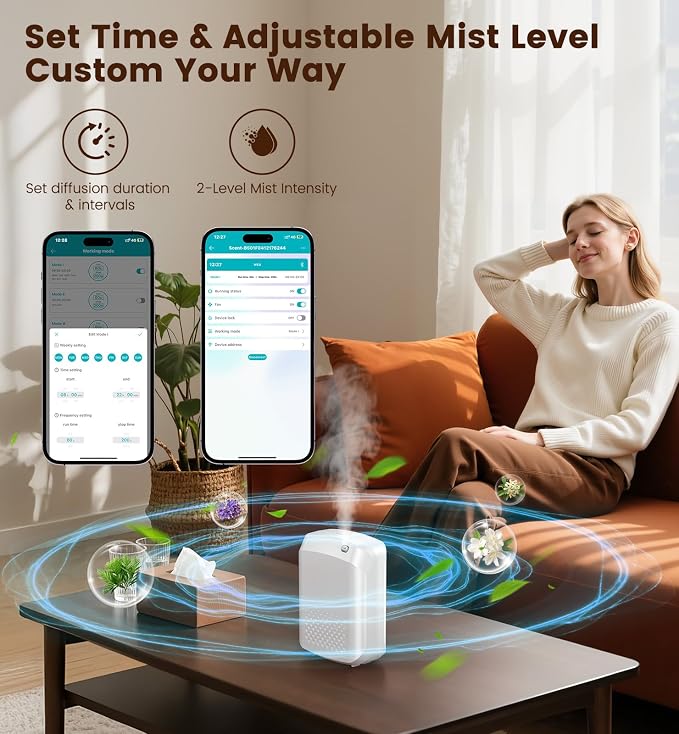 XEITIN Waterless Essential Oil Diffuser 3000 Sq.Ft Coverage for Large Home Hotel Office, 400ml Cold Air Scent Machine, Bluetooth App Control, No-Noise Aroma Diffuser Wall Mount Gift for Her