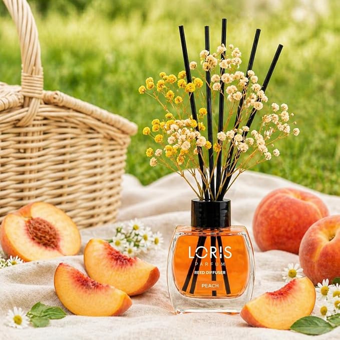 Loris Peach Reed Diffuser Set with Dried Flowers | Reed Diffusers for Home with Sticks | Bathroom Diffuser & Room Scent | Long-Lasting Home Fragrance | 120 mL / 4.06 fl oz