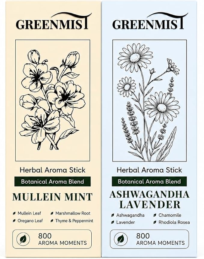 GreenMist Herbal Aroma Stick Combo Pack, Mullein Mint & Ashwagandha Lavender, Plant-Based Botanical Scent Accessory, Portable Silicone Stick, Yellow & Blue, 800 Aroma Moments Each, 2 Pack