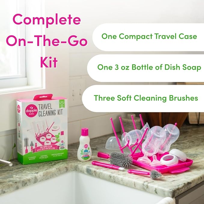 Dapple Baby Travel Cleaning Kit - 5 Piece- Baby Bottle & Dish Soap, Bottle Brushes, and Drying Rack - Newborn Essentials
