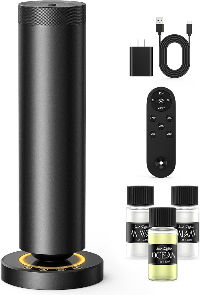 Waterless Diffuser with 108ML Essential Oils, Covers 1500 Sq Ft, Diffusers for Home Hotel, Adjustable Mist & Timer, Scent Diffuser Starter Kit with Night Light, Corded Electric,Black